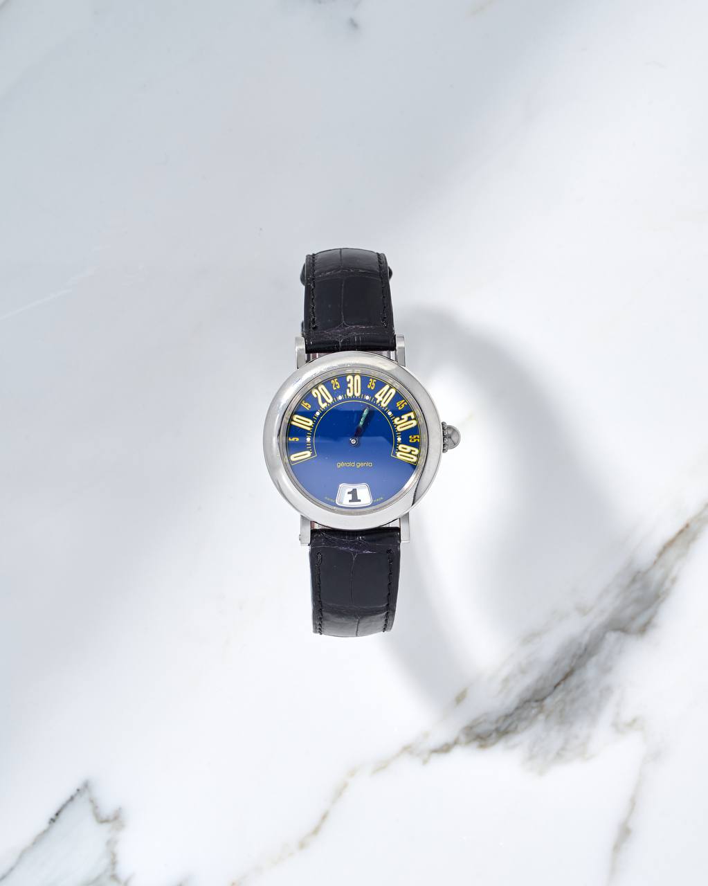 Gerald Genta Retrograde Minutes Jump Hour Blue Dial 36mm