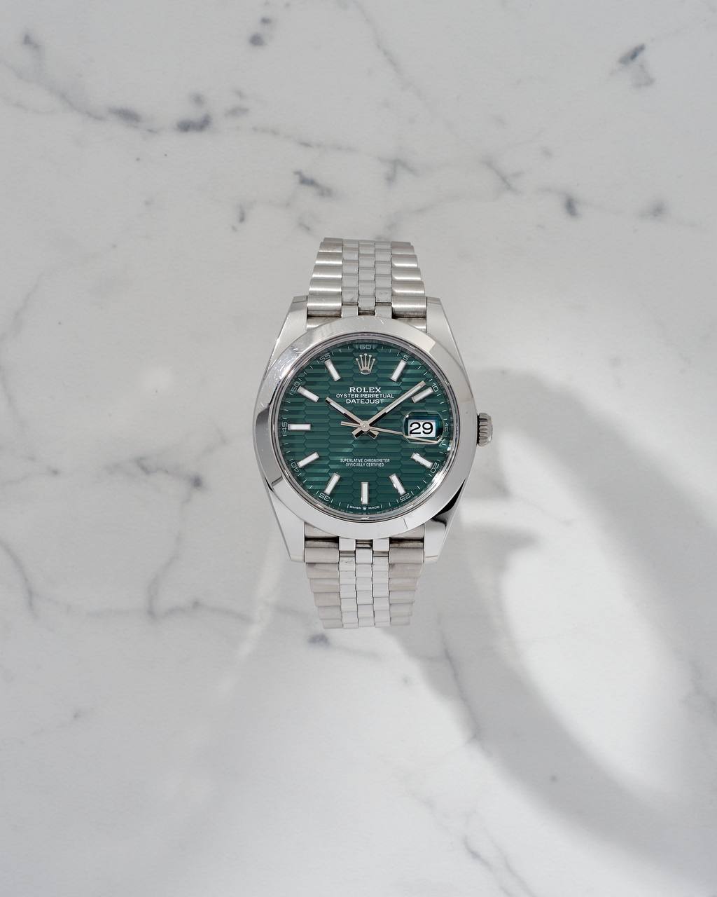 Rolex Oyster Perpetual Datejust 41mm Green Fluted Motif with papers May 2023 year