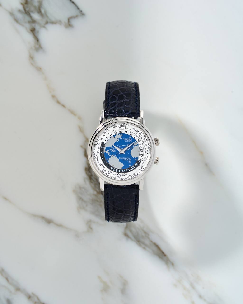  Andersen Geneve Christopher Columbus Worldtimer White Gold NOS