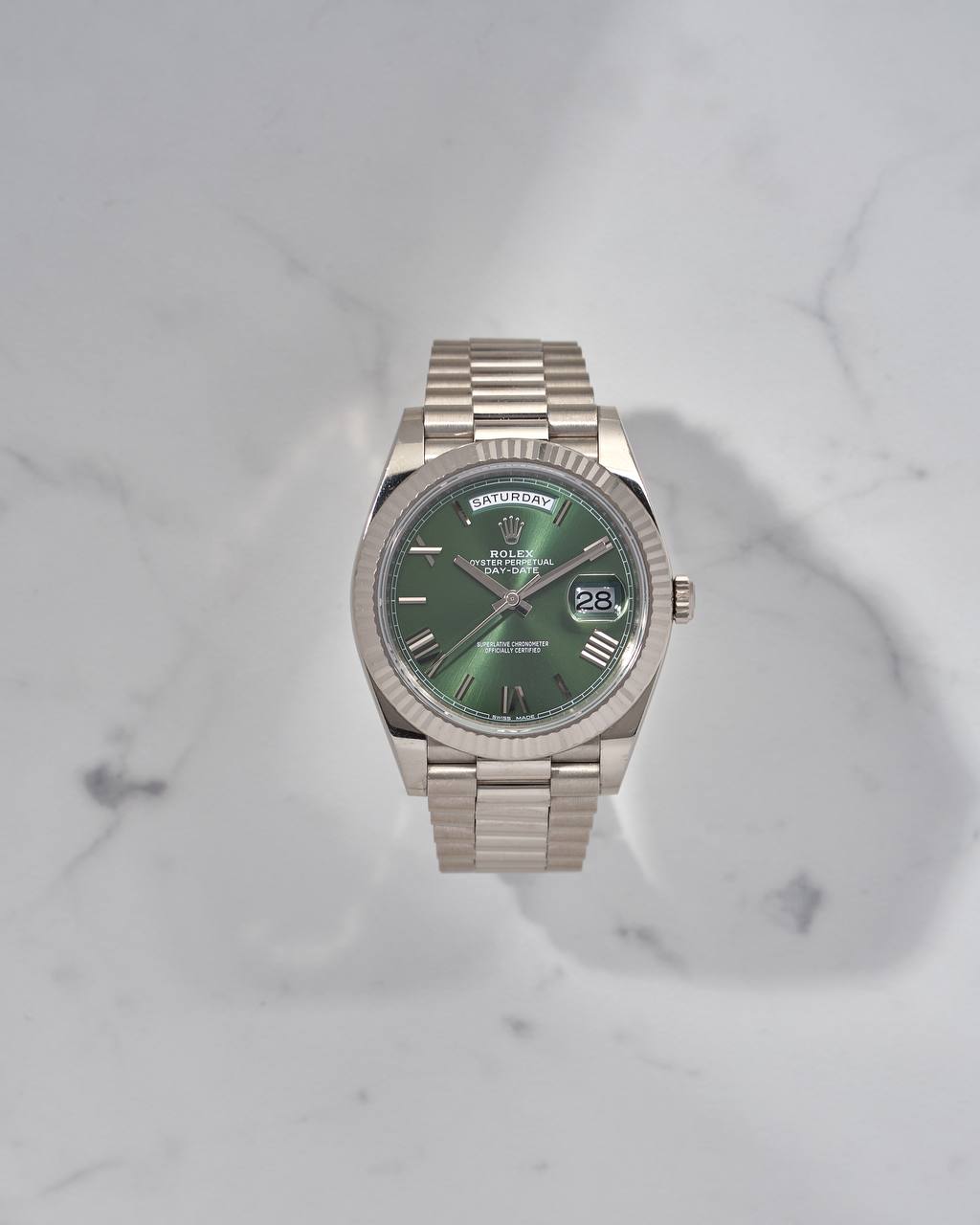 Rolex Day-Date 40mm President White Gold Olive Dial B&P 2018 year